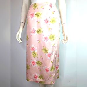 Hawaiian Skirt Womens  L Silk Pink Wrap Floral Hibiscus Ferns Tropical Travel
